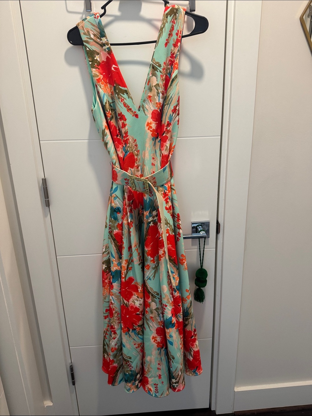 Badgley Mischka Aqua Floral V-Neck Midi Dress